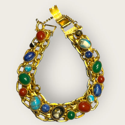 Vintage Multi-Cabochon Stones Double Chain Link Bracelet – Gold-Tone with Safety Chain
