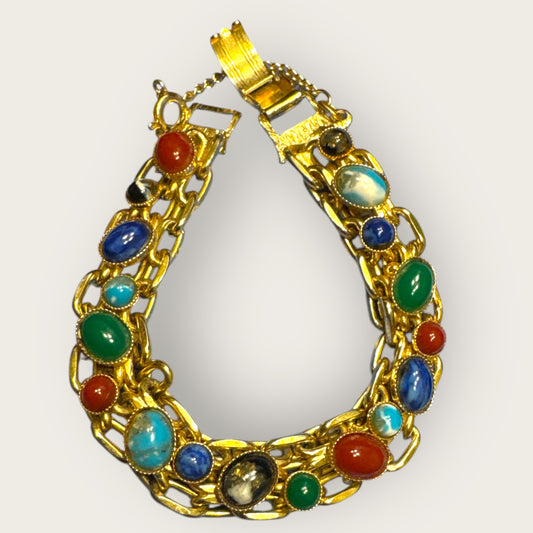 Vintage Multi-Cabochon Stones Double Chain Link Bracelet – Gold-Tone with Safety Chain