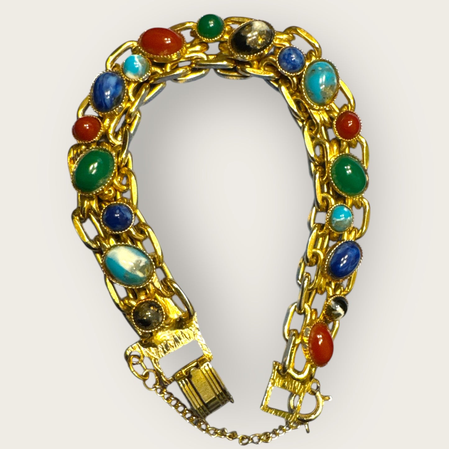 Vintage Multi-Cabochon Stones Double Chain Link Bracelet – Gold-Tone with Safety Chain