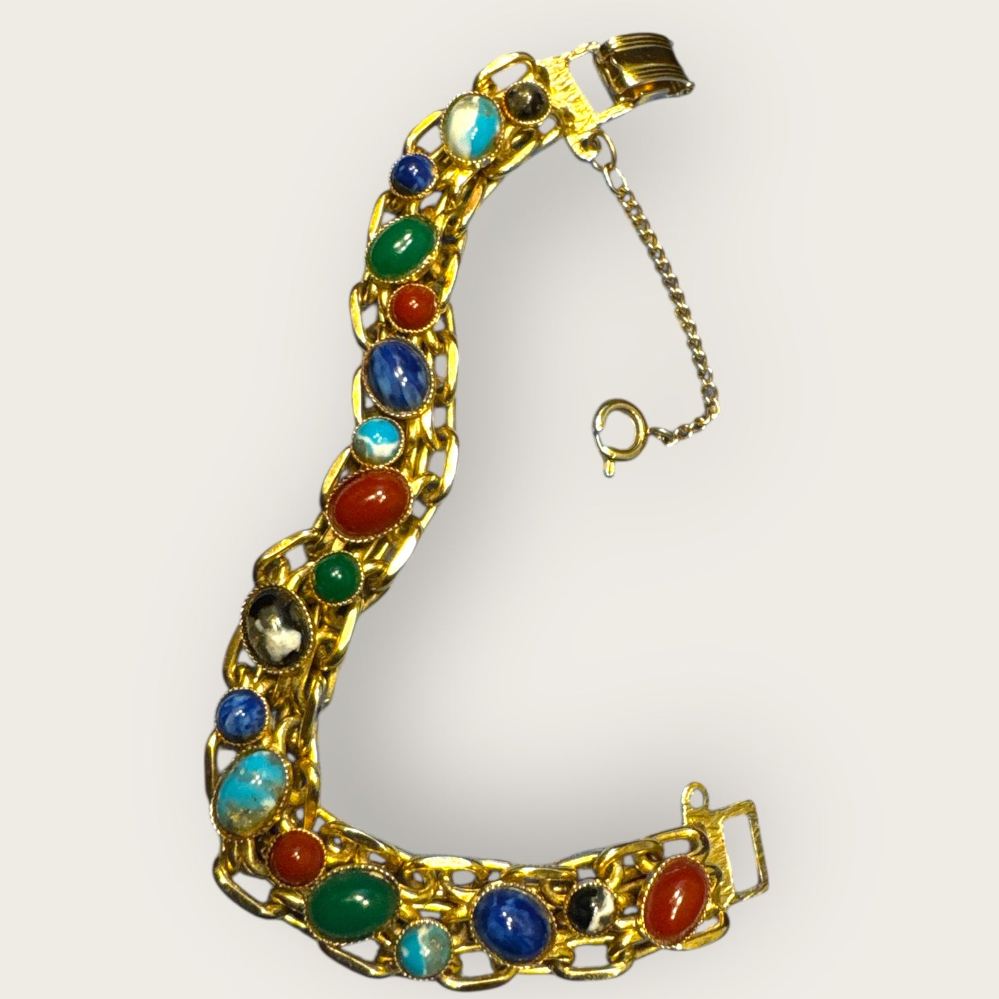 Vintage Multi-Cabochon Stones Double Chain Link Bracelet – Gold-Tone with Safety Chain