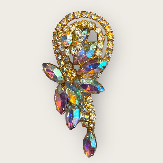 Vintage Aurora Borealis Ribbon & Floral Cluster Brooch – Mid-Century AB Rhinestone Statement Pin