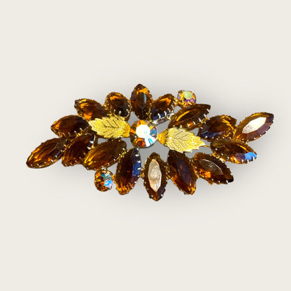 Vintage Root Beer & Aurora Borealis Navette Leaf Brooch – Mid-Century Dog-Tooth Prong Rhinestone Pin