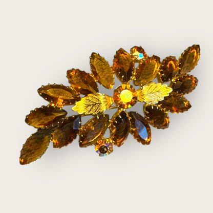 Vintage Root Beer & Aurora Borealis Navette Leaf Brooch – Mid-Century Dog-Tooth Prong Rhinestone Pin