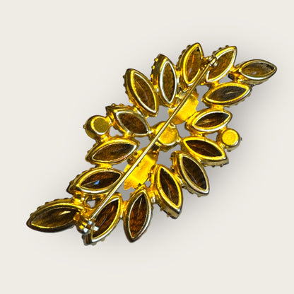 Vintage Root Beer & Aurora Borealis Navette Leaf Brooch – Mid-Century Dog-Tooth Prong Rhinestone Pin