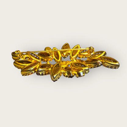 Vintage Root Beer & Aurora Borealis Navette Leaf Brooch – Mid-Century Dog-Tooth Prong Rhinestone Pin