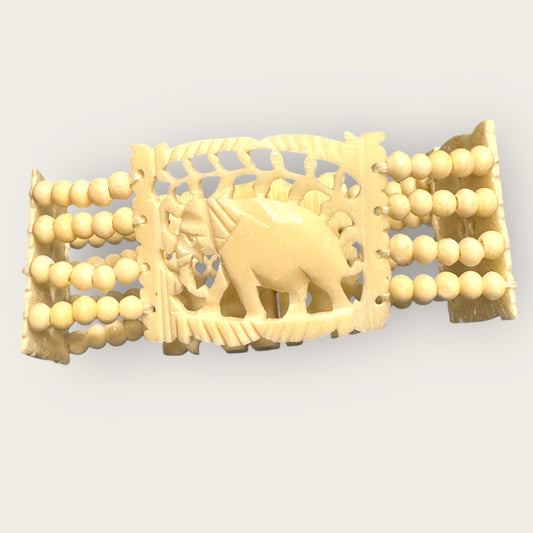 Vintage Hand-Carved Artisanal Bone Bracelet – Elephant Panel, Multi-Strand Beading – 1950s