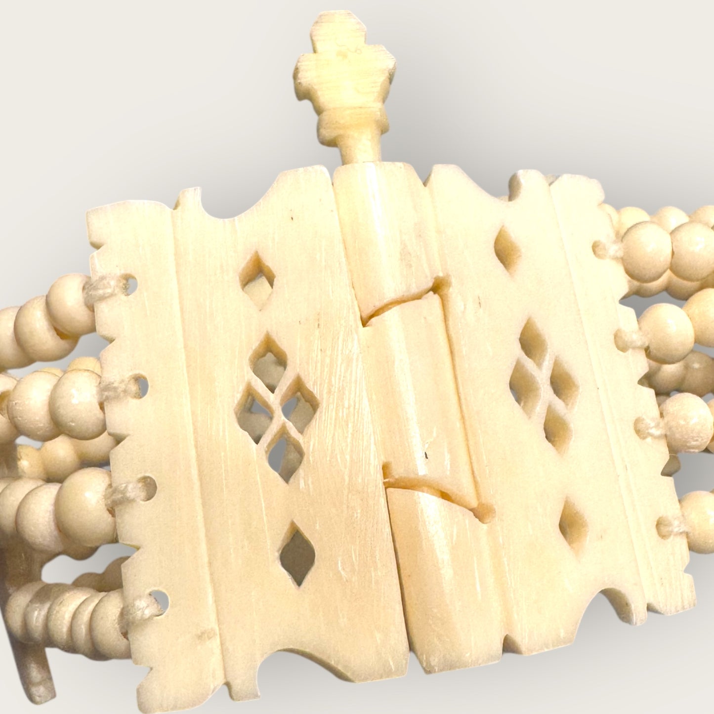 Vintage Hand-Carved Artisanal Bone Bracelet – Elephant Panel, Multi-Strand Beading – 1950s