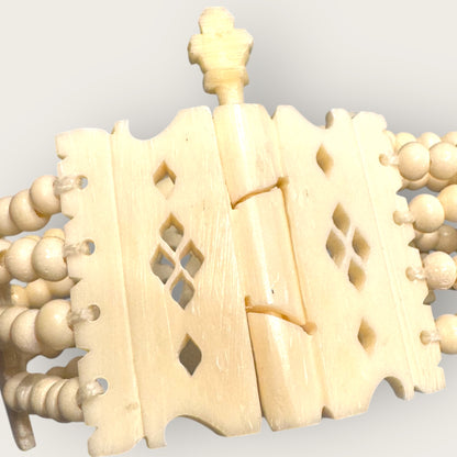 Vintage Hand-Carved Artisanal Bone Bracelet – Elephant Panel, Multi-Strand Beading – 1950s