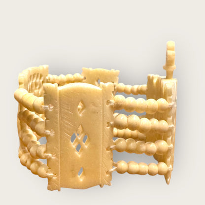 Vintage Hand-Carved Artisanal Bone Bracelet – Elephant Panel, Multi-Strand Beading – 1950s