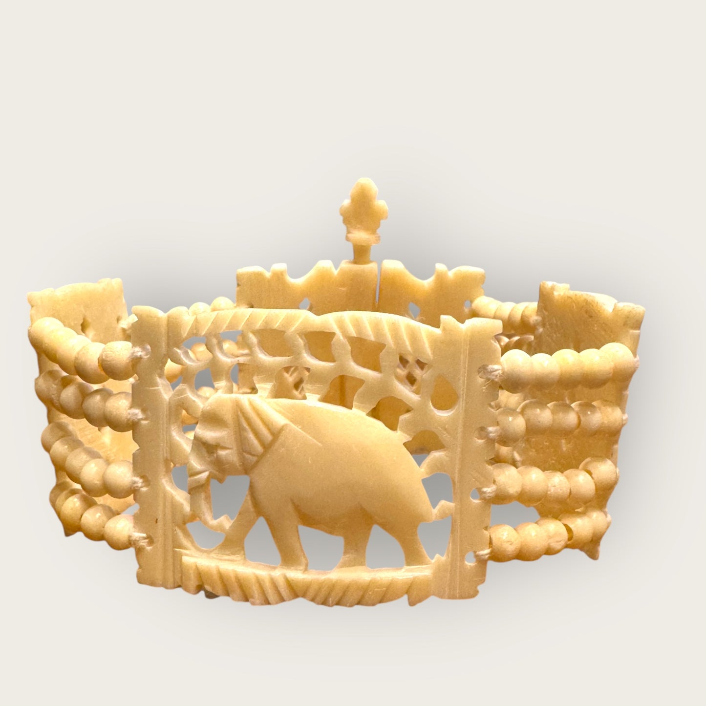 Vintage Hand-Carved Artisanal Bone Bracelet – Elephant Panel, Multi-Strand Beading – 1950s