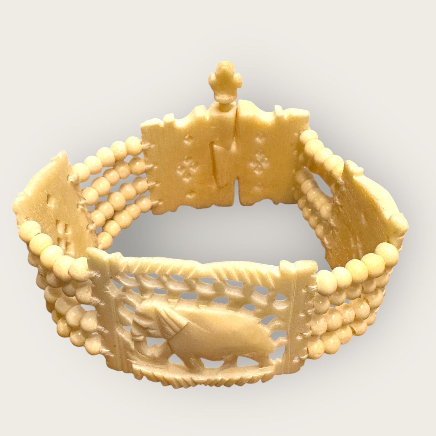 Vintage Hand-Carved Artisanal Bone Bracelet – Elephant Panel, Multi-Strand Beading – 1950s