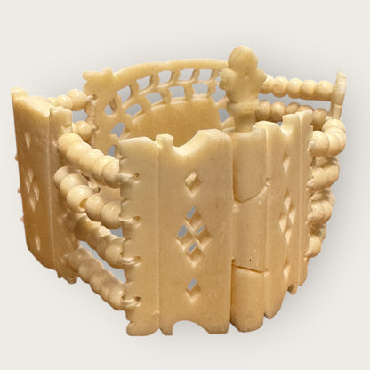 Vintage Hand-Carved Artisanal Bone Bracelet – Elephant Panel, Multi-Strand Beading – 1950s