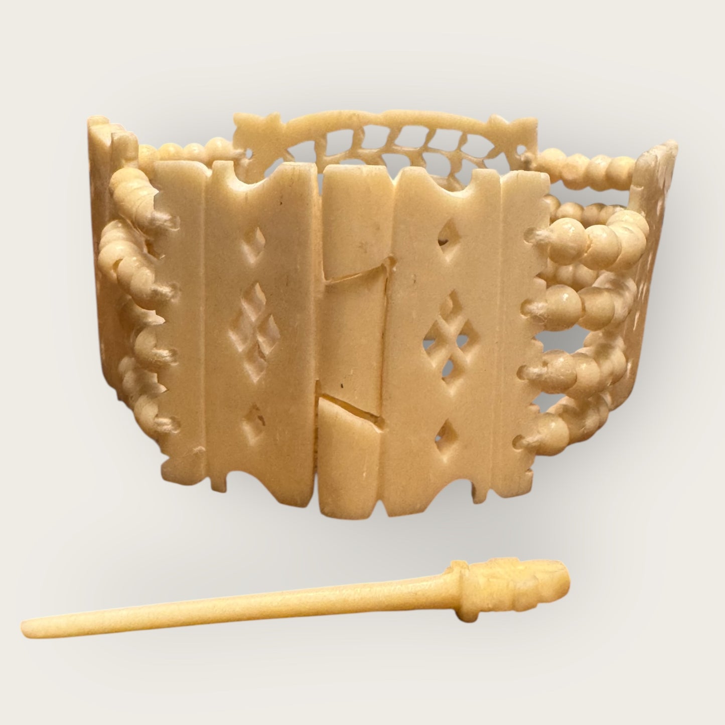 Vintage Hand-Carved Artisanal Bone Bracelet – Elephant Panel, Multi-Strand Beading – 1950s
