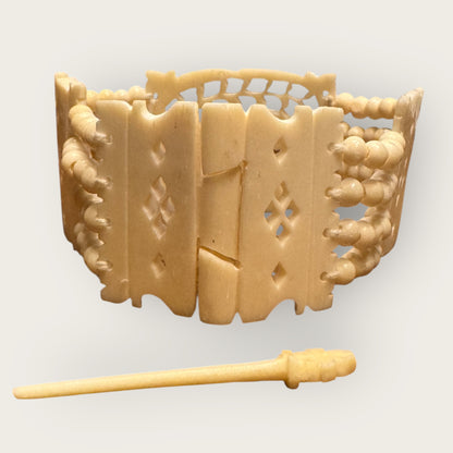 Vintage Hand-Carved Artisanal Bone Bracelet – Elephant Panel, Multi-Strand Beading – 1950s