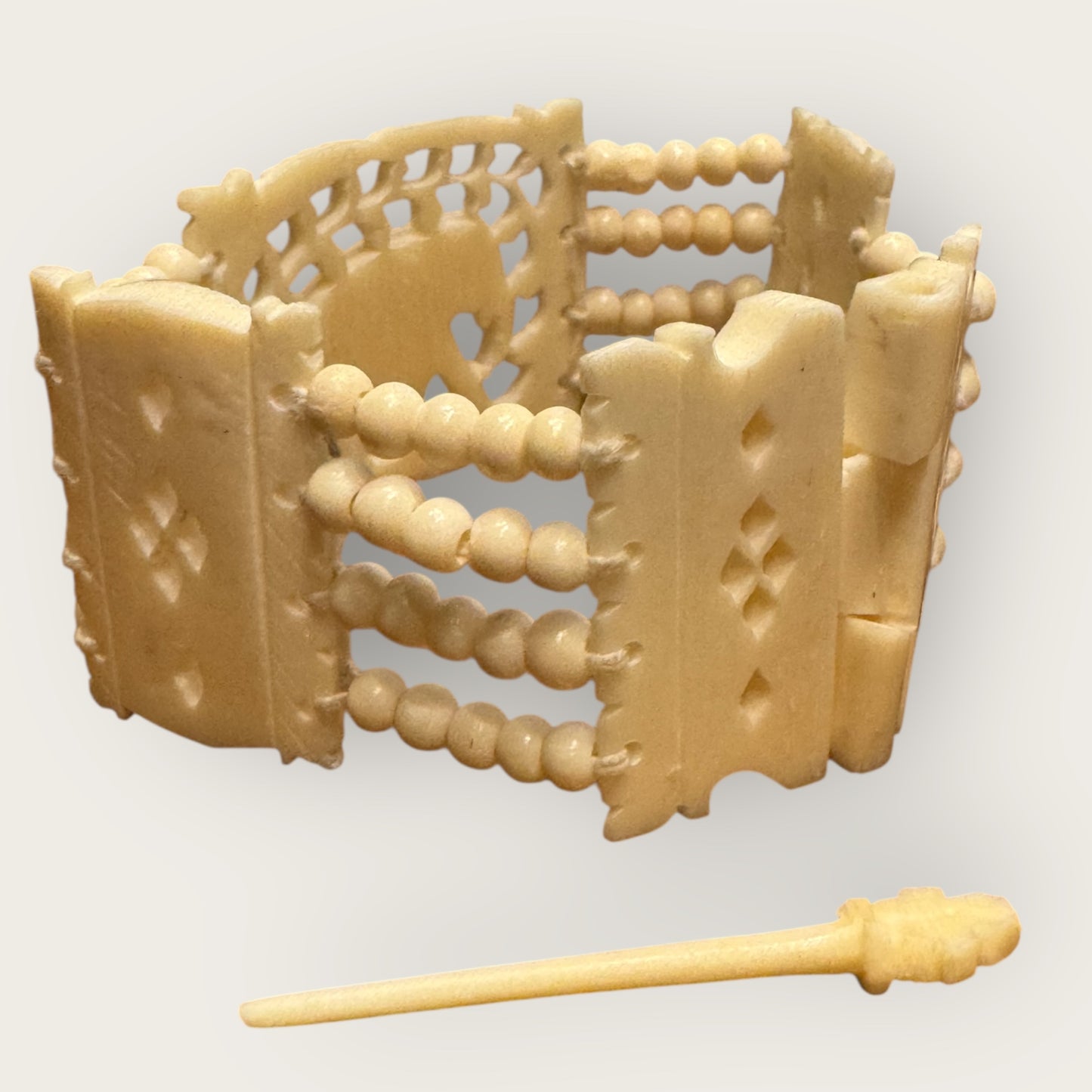 Vintage Hand-Carved Artisanal Bone Bracelet – Elephant Panel, Multi-Strand Beading – 1950s