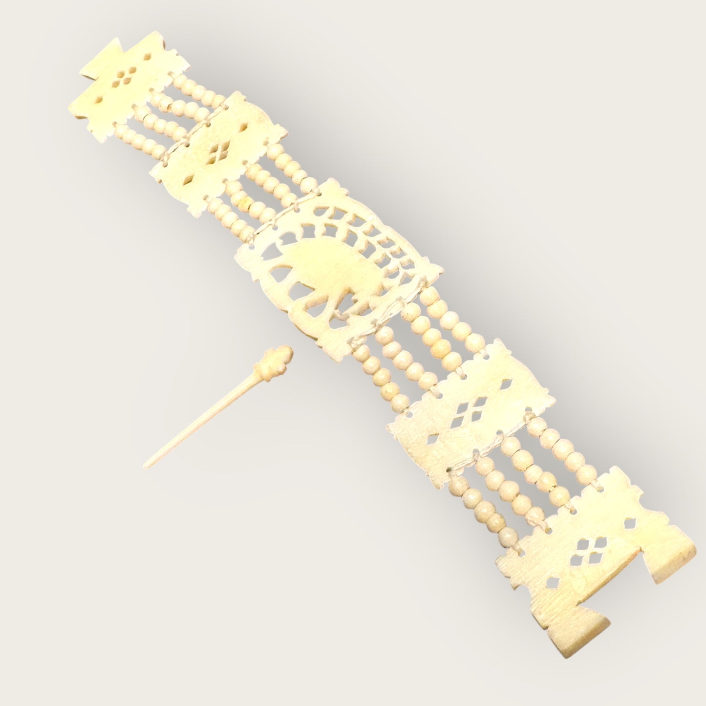 Vintage Hand-Carved Artisanal Bone Bracelet – Elephant Panel, Multi-Strand Beading – 1950s