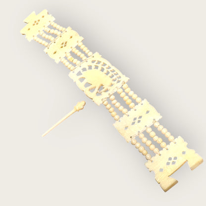 Vintage Hand-Carved Artisanal Bone Bracelet – Elephant Panel, Multi-Strand Beading – 1950s
