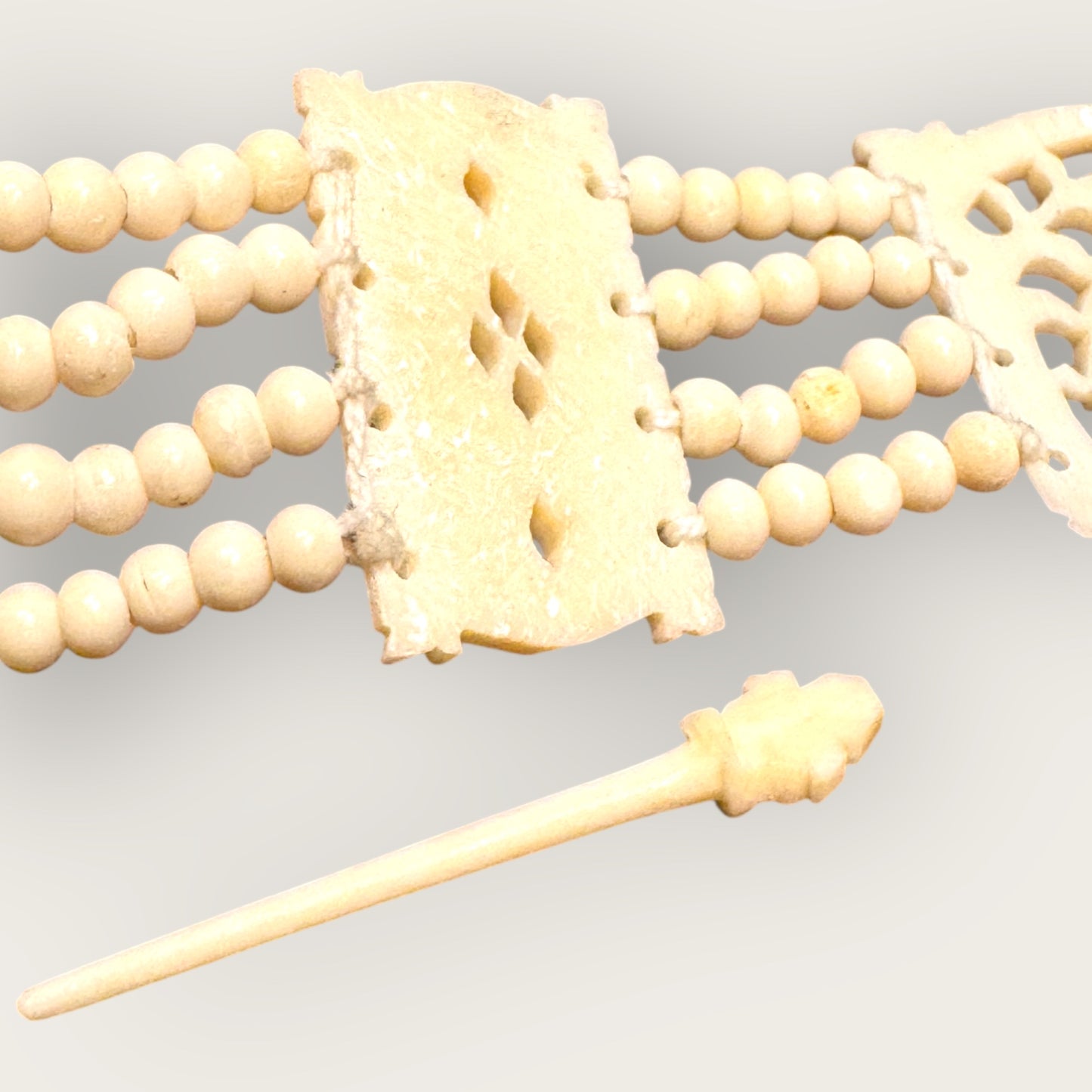 Vintage Hand-Carved Artisanal Bone Bracelet – Elephant Panel, Multi-Strand Beading – 1950s