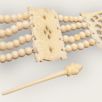 Vintage Hand-Carved Artisanal Bone Bracelet – Elephant Panel, Multi-Strand Beading – 1950s