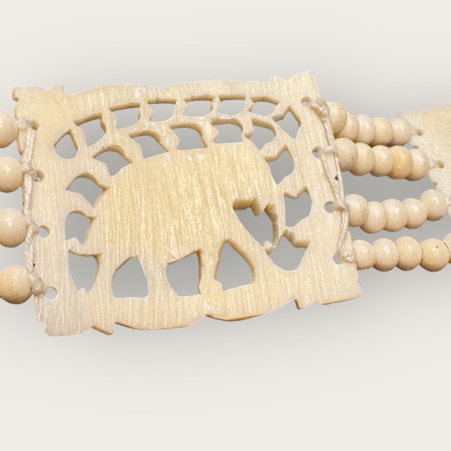 Vintage Hand-Carved Artisanal Bone Bracelet – Elephant Panel, Multi-Strand Beading – 1950s