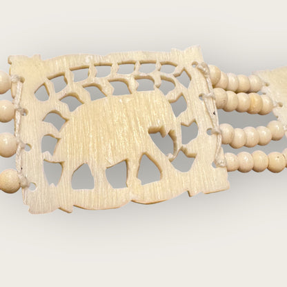 Vintage Hand-Carved Artisanal Bone Bracelet – Elephant Panel, Multi-Strand Beading – 1950s