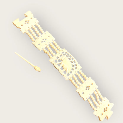 Vintage Hand-Carved Artisanal Bone Bracelet – Elephant Panel, Multi-Strand Beading – 1950s