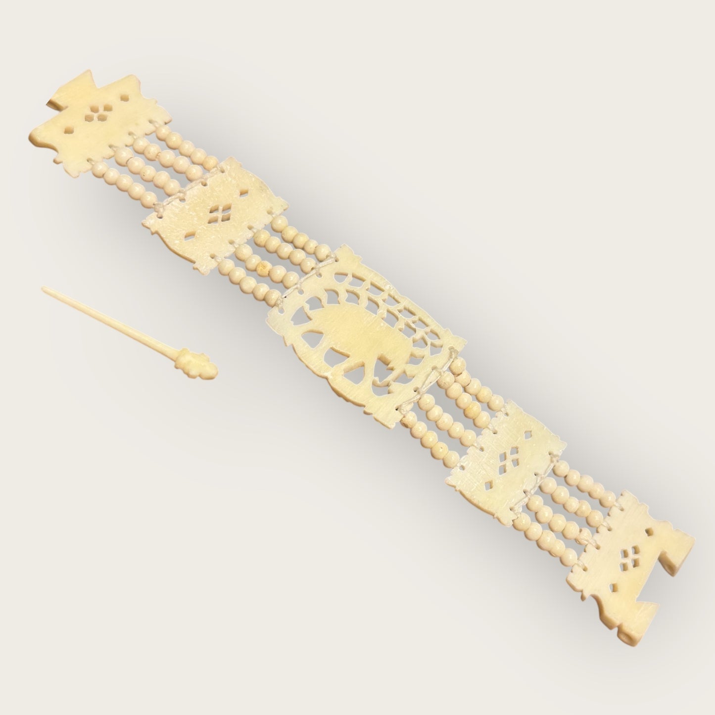 Vintage Hand-Carved Artisanal Bone Bracelet – Elephant Panel, Multi-Strand Beading – 1950s