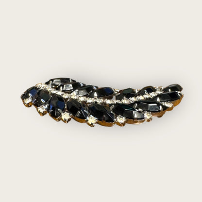 Mid-Century Jet Black Navette Leaf Rhinestone Brooch – Silver-Tone Curved Spray Pin