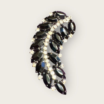 Mid-Century Jet Black Navette Leaf Rhinestone Brooch – Silver-Tone Curved Spray Pin