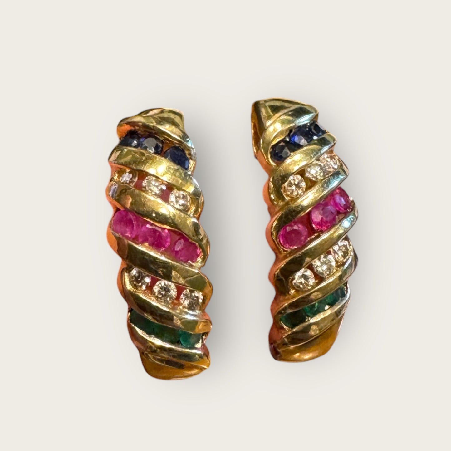 Vintage Multi-Gemstone Estate Huggie Earrings in 10K Gold – Sapphire, Diamond, Ruby & Emerald | Private Collection