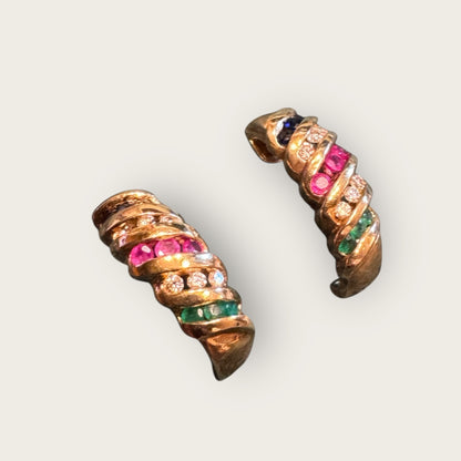 Vintage Multi-Gemstone Estate Huggie Earrings in 10K Gold – Sapphire, Diamond, Ruby & Emerald | Private Collection