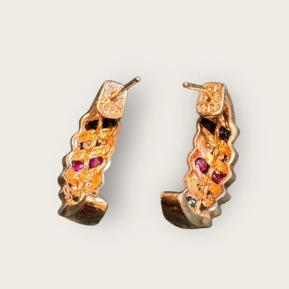 Vintage Multi-Gemstone Estate Huggie Earrings in 10K Gold – Sapphire, Diamond, Ruby & Emerald | Private Collection