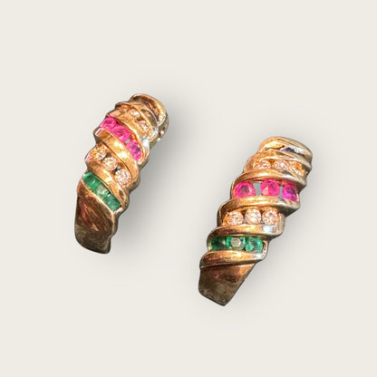 Vintage Multi-Gemstone Estate Huggie Earrings in 10K Gold – Sapphire, Diamond, Ruby & Emerald | Private Collection