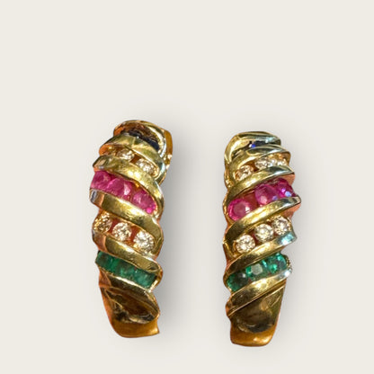 Vintage Multi-Gemstone Estate Huggie Earrings in 10K Gold – Sapphire, Diamond, Ruby & Emerald | Private Collection