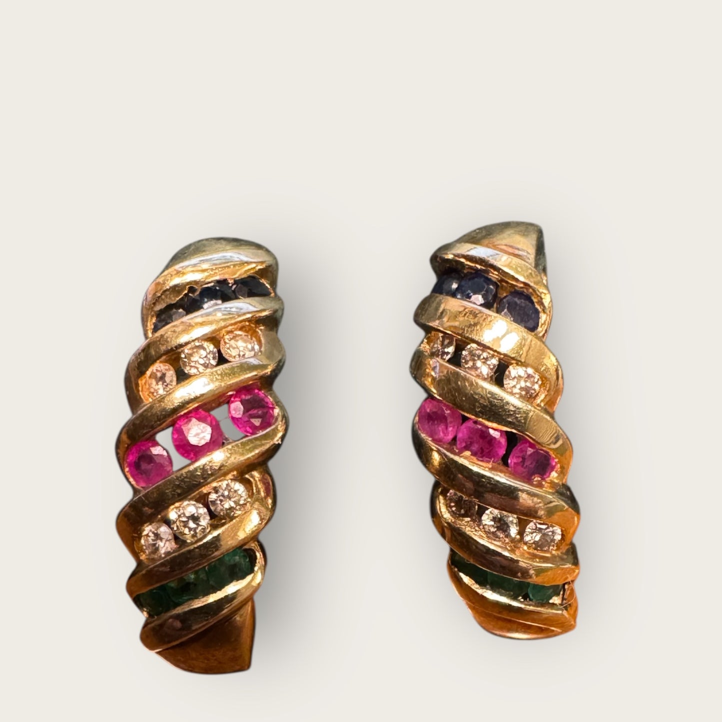 Vintage Multi-Gemstone Estate Huggie Earrings in 10K Gold – Sapphire, Diamond, Ruby & Emerald | Private Collection