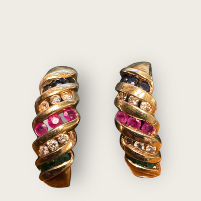 Vintage Multi-Gemstone Estate Huggie Earrings in 10K Gold – Sapphire, Diamond, Ruby & Emerald | Private Collection