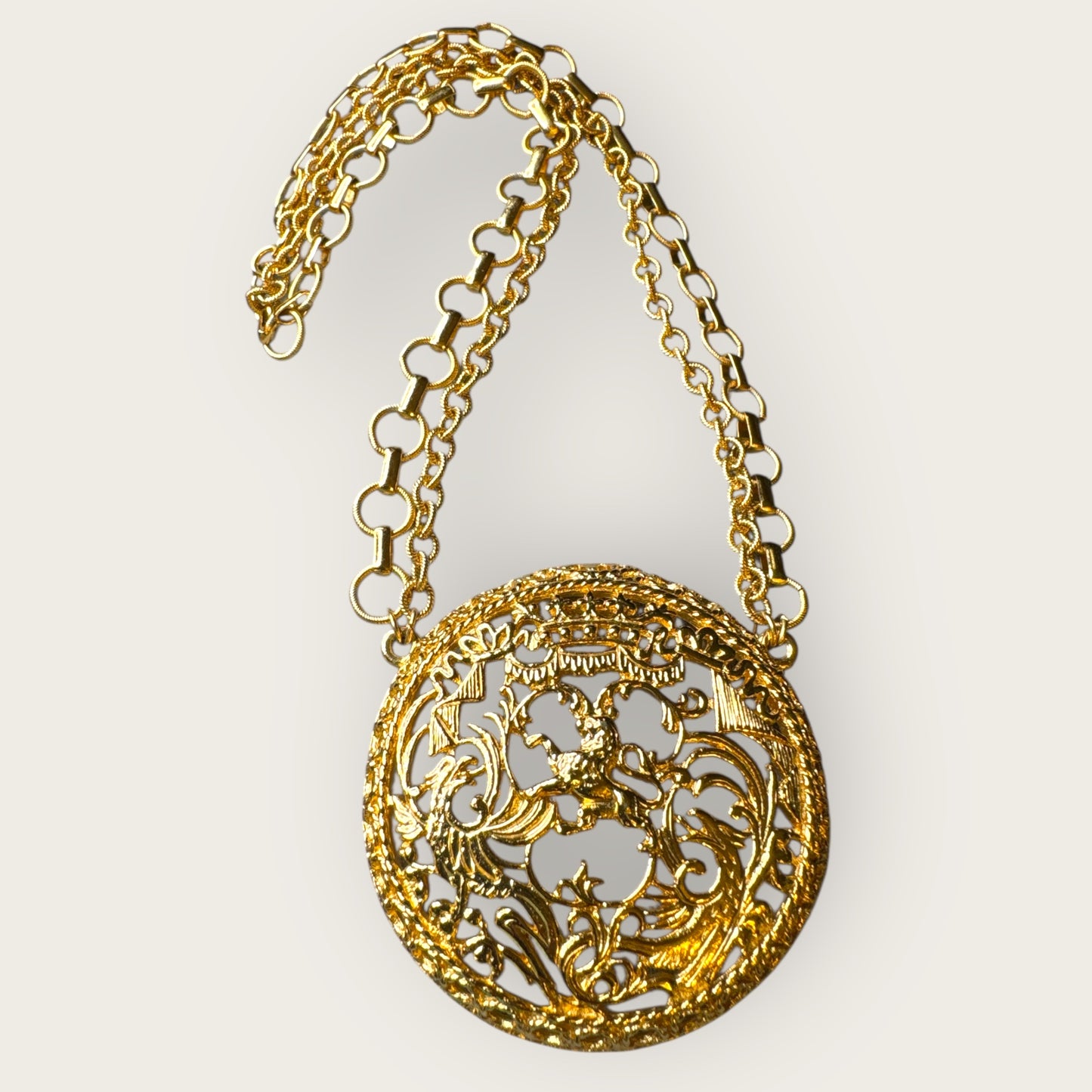 Signed Napier Victorian Revival Heraldic Medallion Necklace – Double Chain Statement Pendant