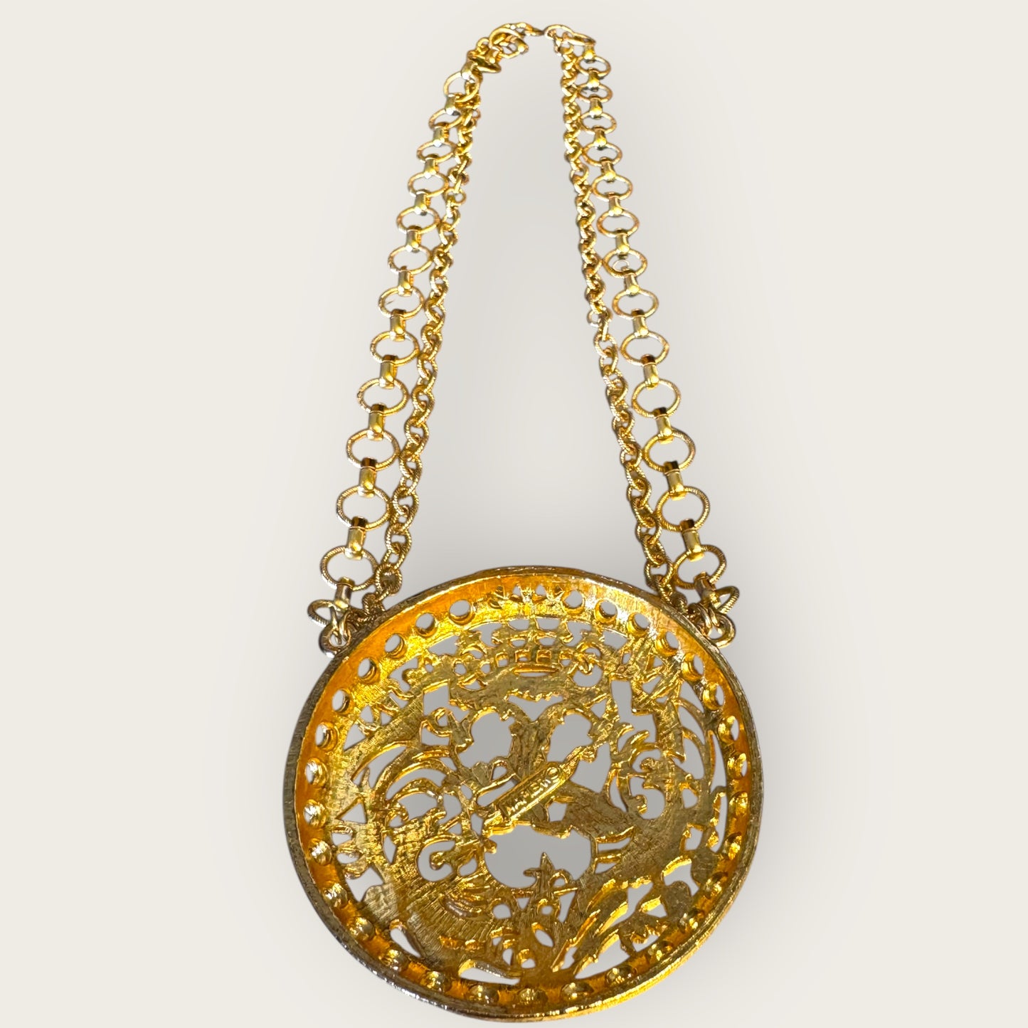 Signed Napier Victorian Revival Heraldic Medallion Necklace – Double Chain Statement Pendant