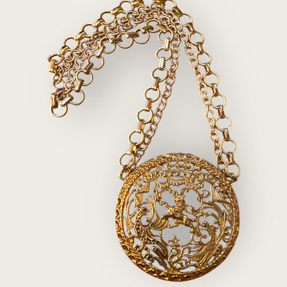 Signed Napier Victorian Revival Heraldic Medallion Necklace – Double Chain Statement Pendant