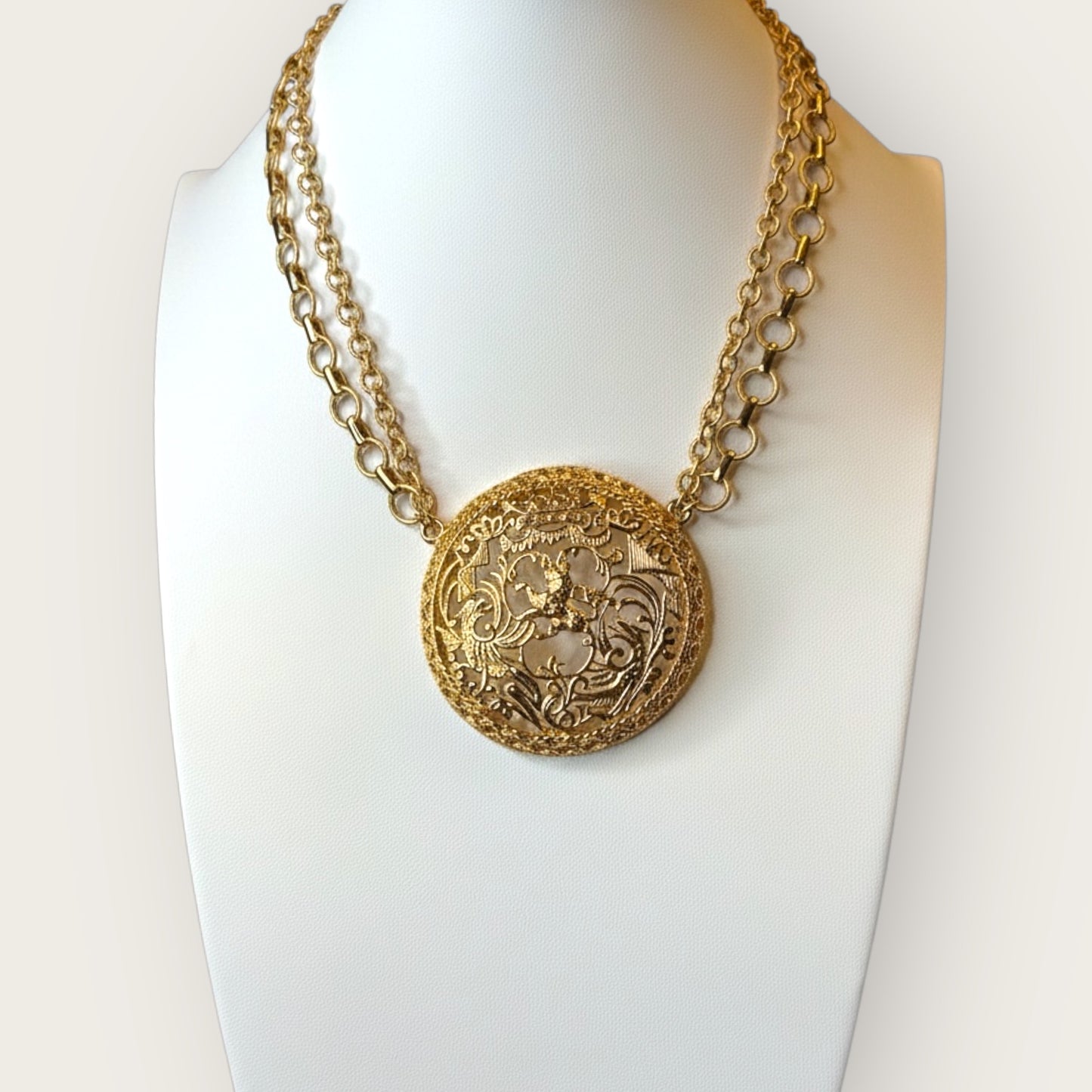 Signed Napier Victorian Revival Heraldic Medallion Necklace – Double Chain Statement Pendant