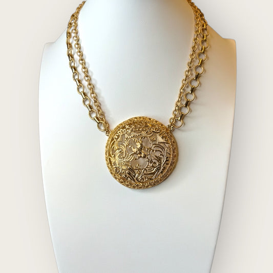Signed Napier Victorian Revival Heraldic Medallion Necklace – Double Chain Statement Pendant