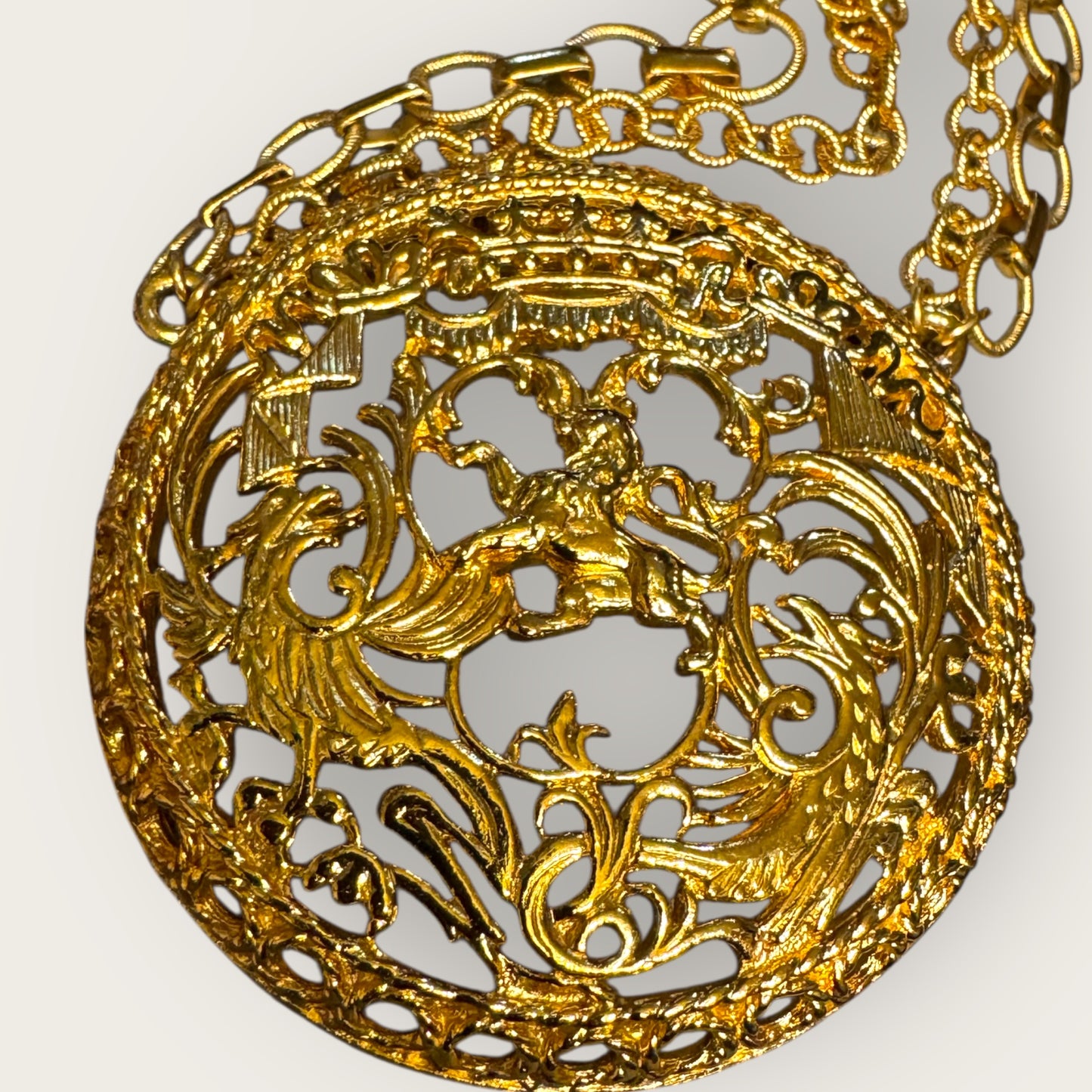 Signed Napier Victorian Revival Heraldic Medallion Necklace – Double Chain Statement Pendant