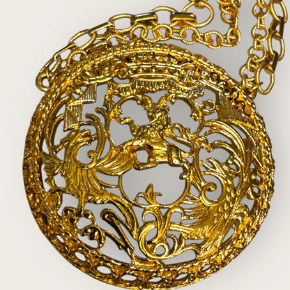 Signed Napier Victorian Revival Heraldic Medallion Necklace – Double Chain Statement Pendant