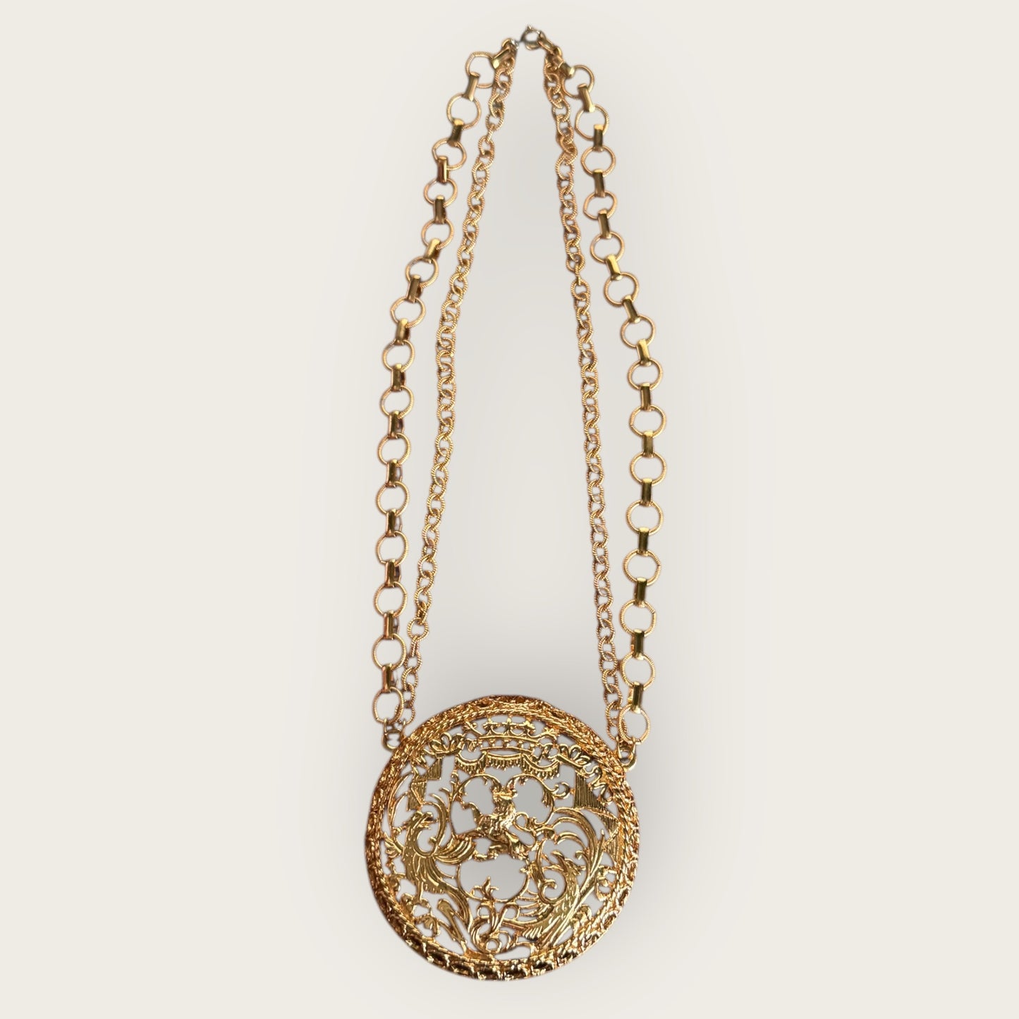 Signed Napier Victorian Revival Heraldic Medallion Necklace – Double Chain Statement Pendant