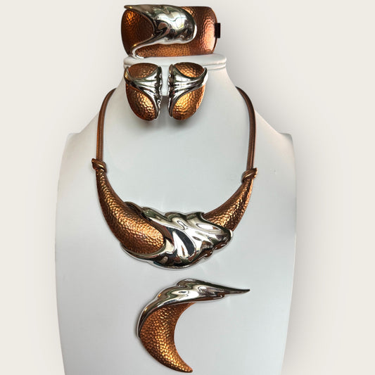 Vintage Monet Purée Mixed-Metal Sculptural Parure – Necklace, Hinged Cuff Bracelet, Earrings & Brooch – Runway Collector’s Suite