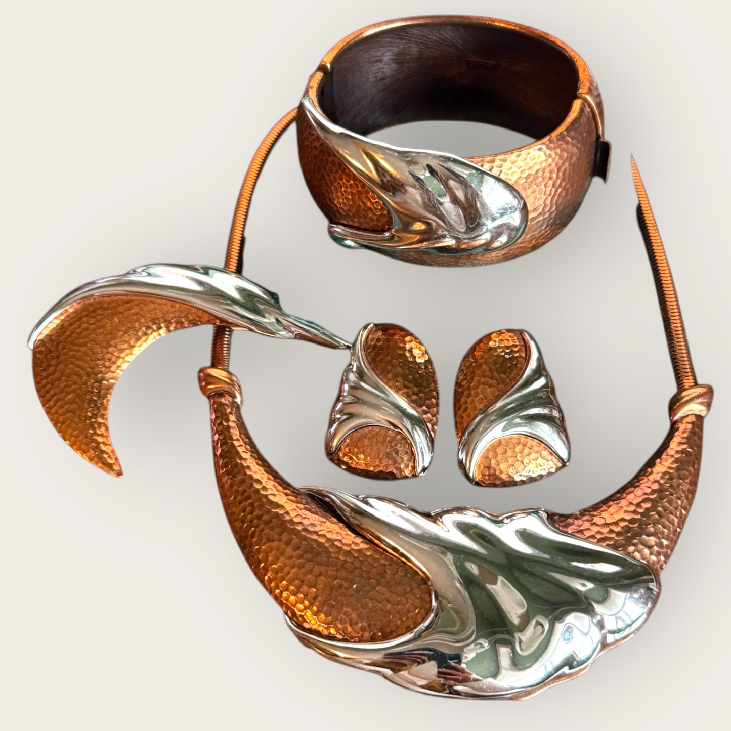 Vintage Monet Purée Mixed-Metal Sculptural Parure – Necklace, Hinged Cuff Bracelet, Earrings & Brooch – Runway Collector’s Suite