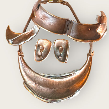 Vintage Monet Purée Mixed-Metal Sculptural Parure – Necklace, Hinged Cuff Bracelet, Earrings & Brooch – Runway Collector’s Suite