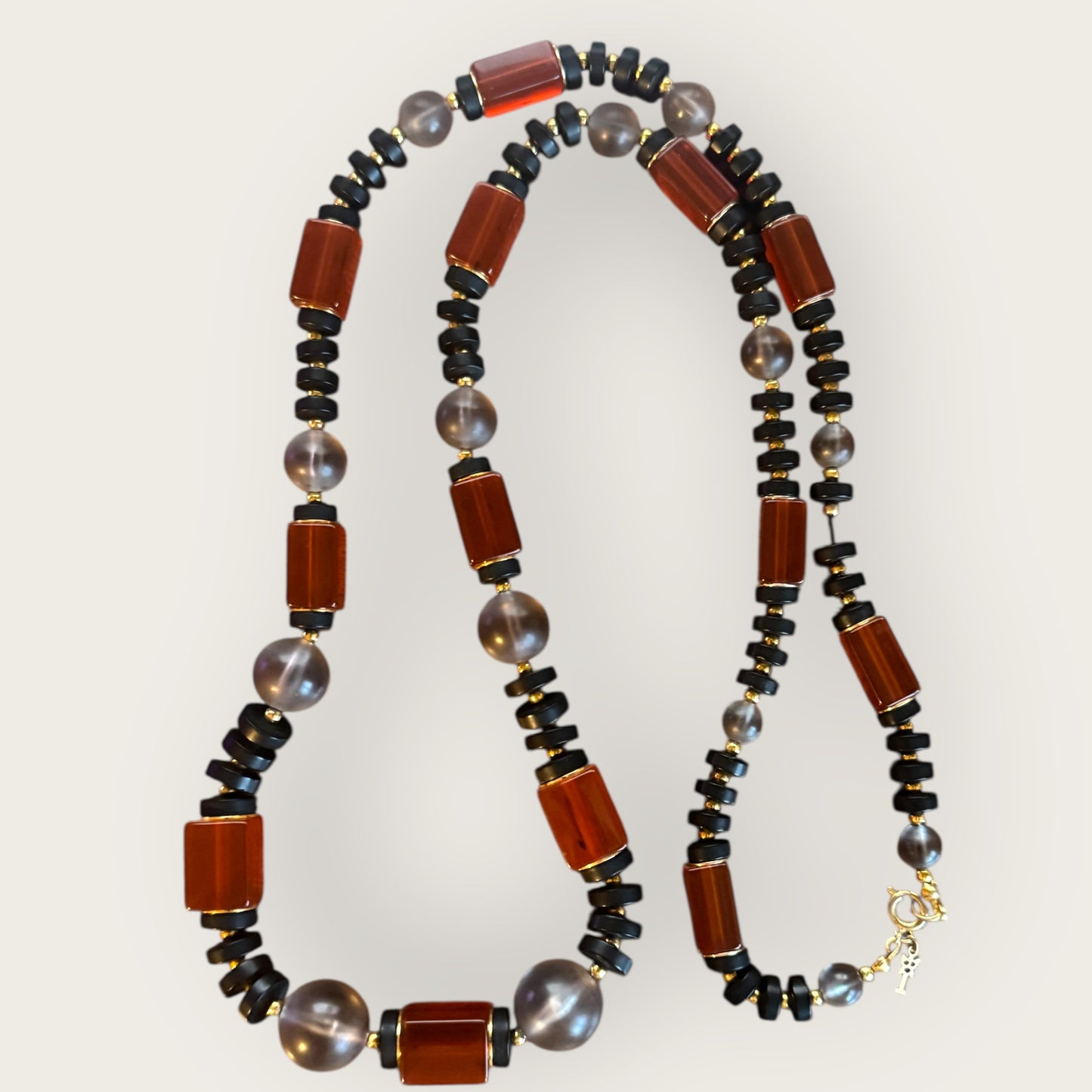 Vintage Crown Trifari Amber Lucite & Smoky Bead Long Necklace – Graduated Bead Design, Key Hangtag