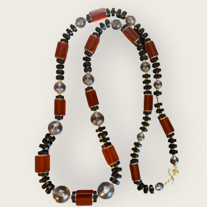 Vintage Crown Trifari Amber Lucite & Smoky Bead Long Necklace – Graduated Bead Design, Key Hangtag