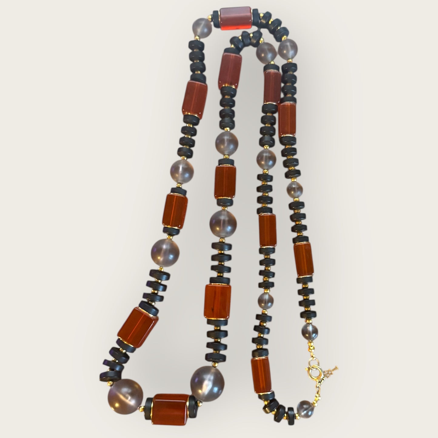 Vintage Crown Trifari Amber Lucite & Smoky Bead Long Necklace – Graduated Bead Design, Key Hangtag
